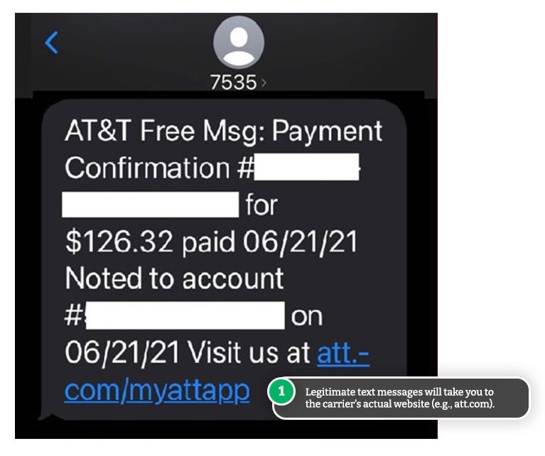 Example of legitimate text from AT&T.