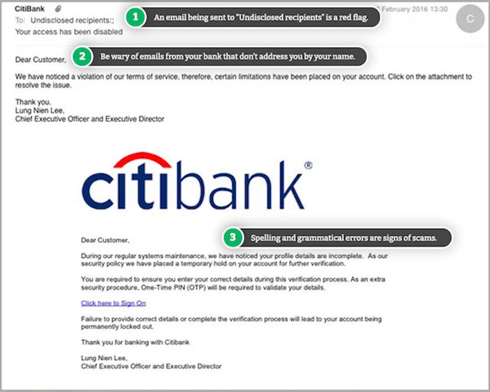 Example Citibank phishing email.