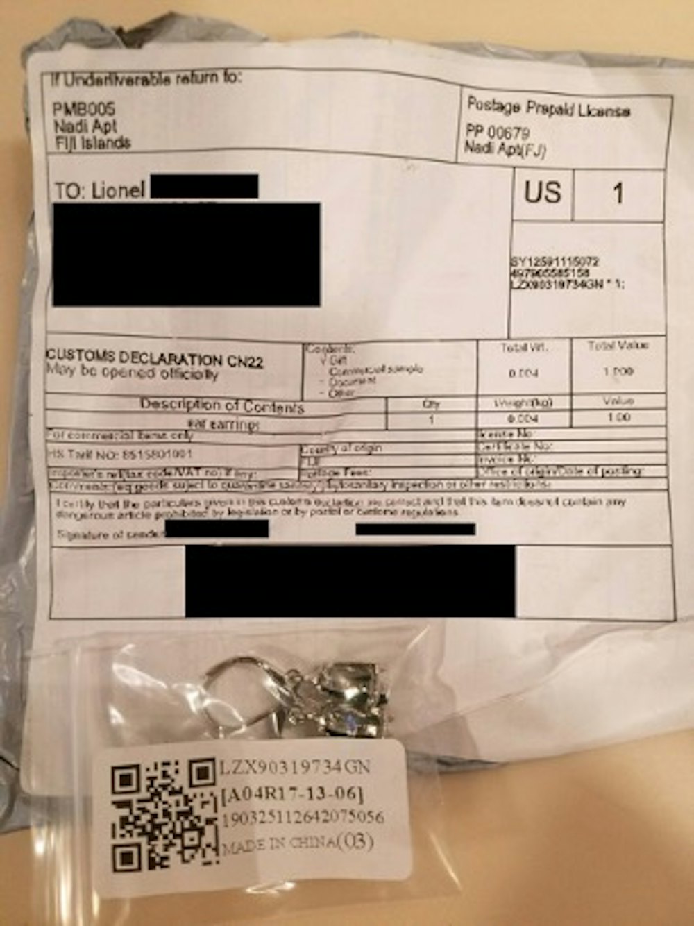 Example of brushing scam shipping label.
