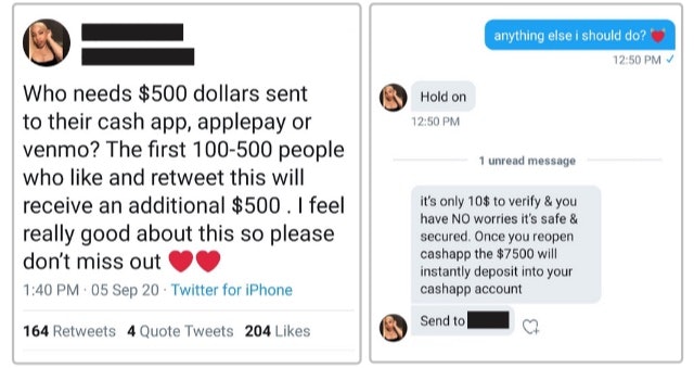 Example of a Cash App free money scam