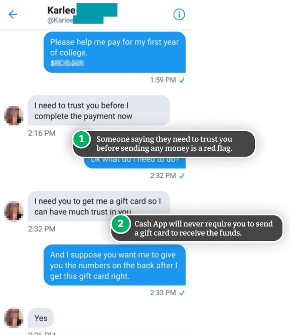Example of Cash App free money scam