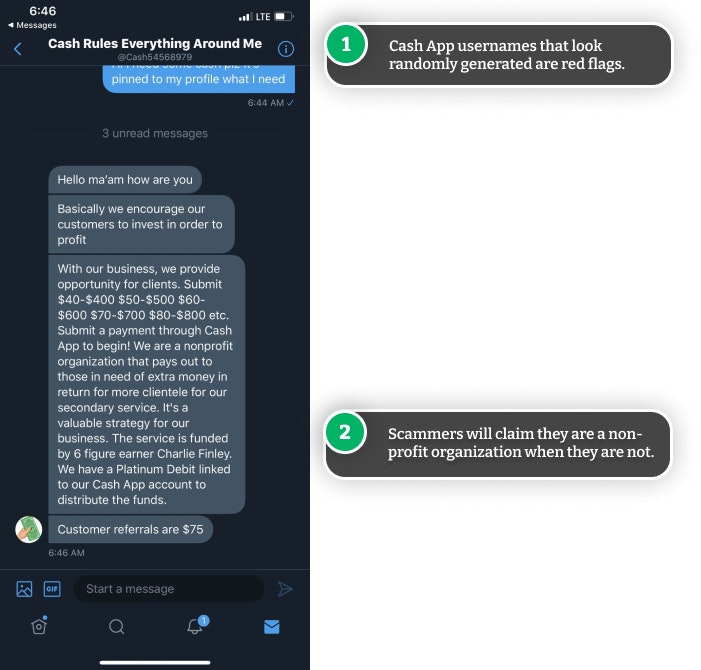 Example of messages from a Cash App money flip scammer