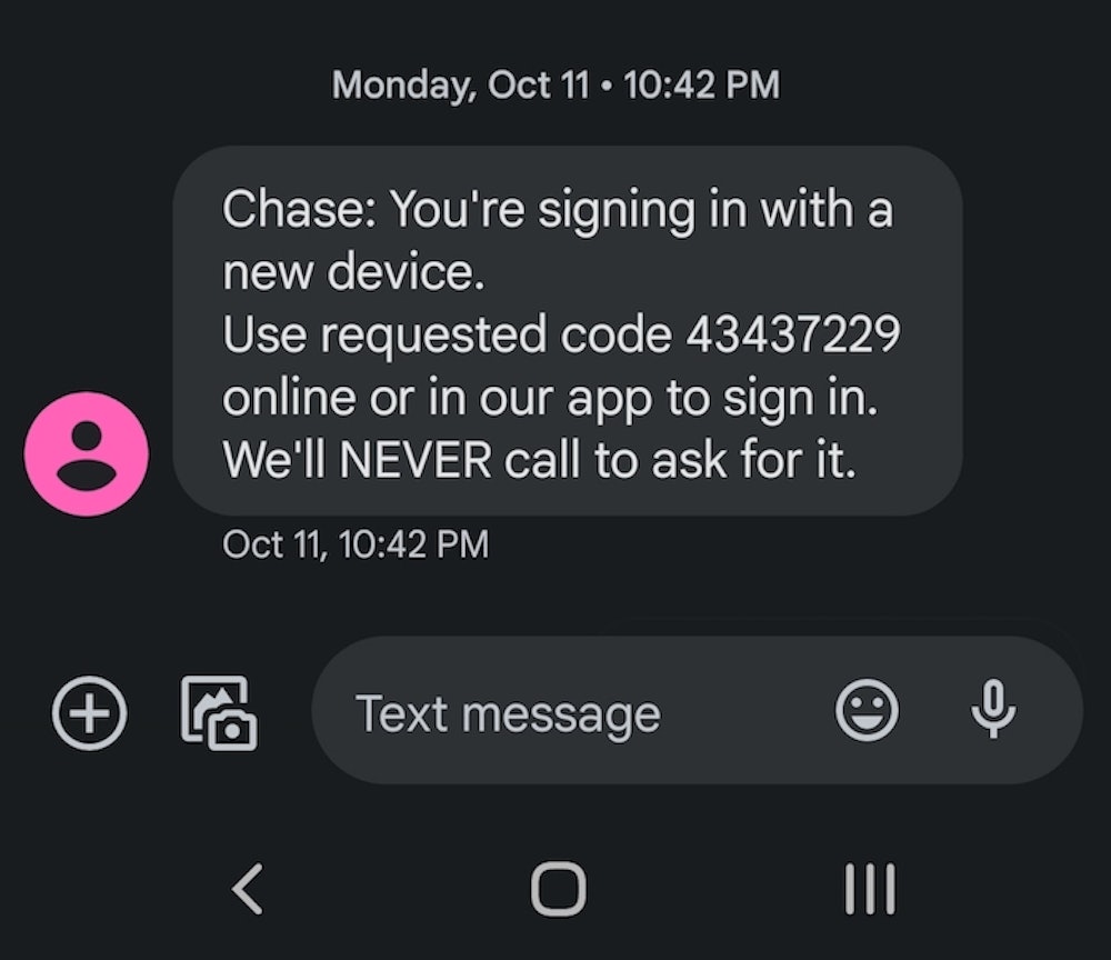 Chase two-factor authentication text message. 