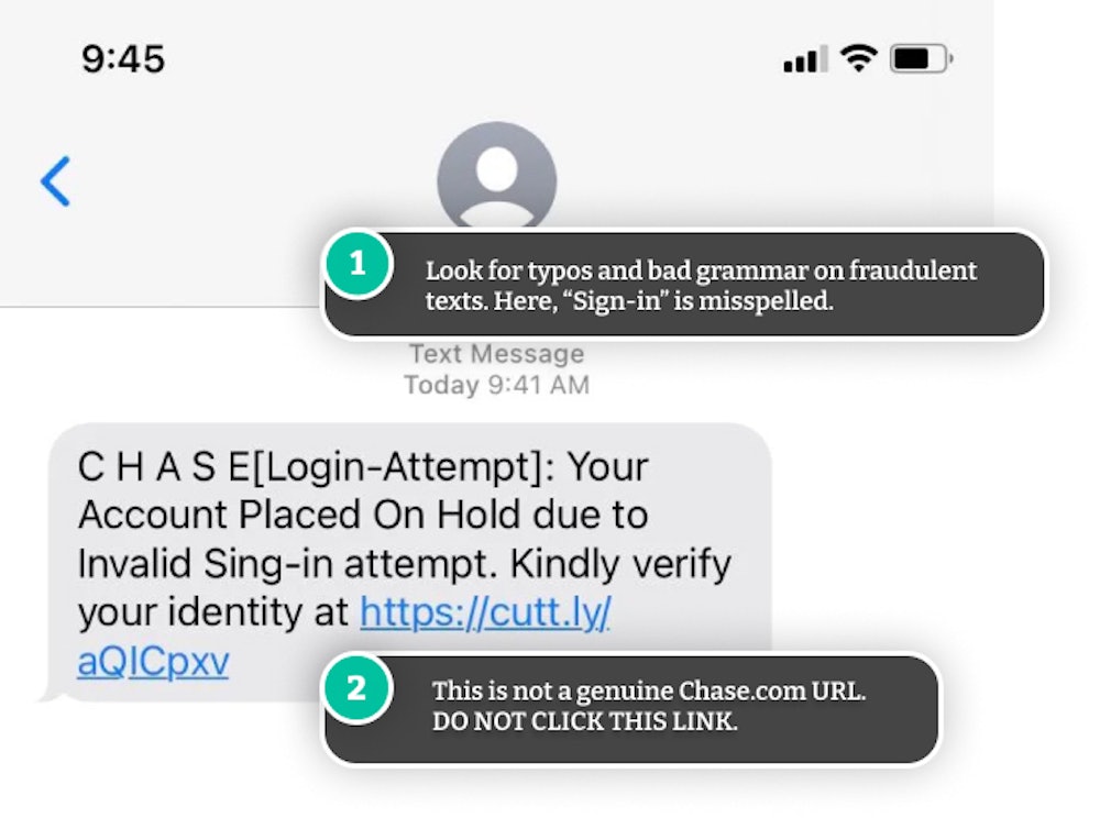 Example of fake Chase fraud text message. 