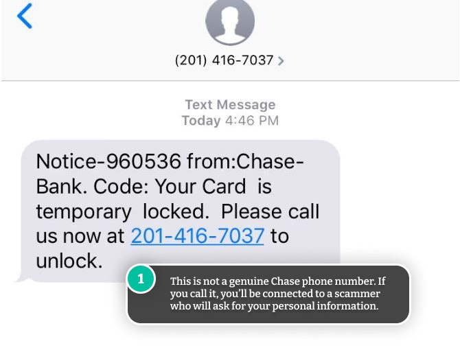 Example scam text message about a locked card.