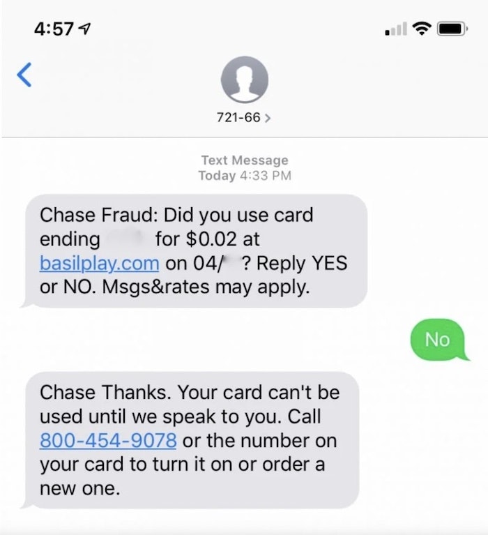 Genuine Chase fraud alert text message. 