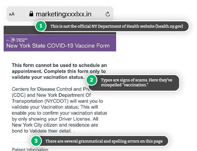 Example scam website (COVID verification status)