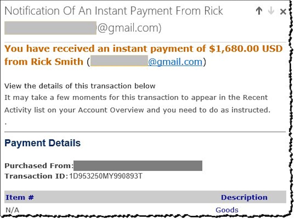 Fake PayPal deposit email.