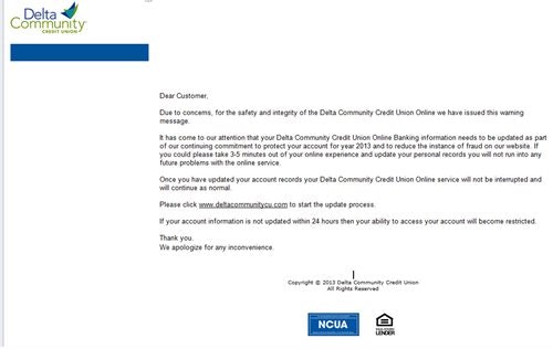 Example of a fake Delta Community Credit Union email