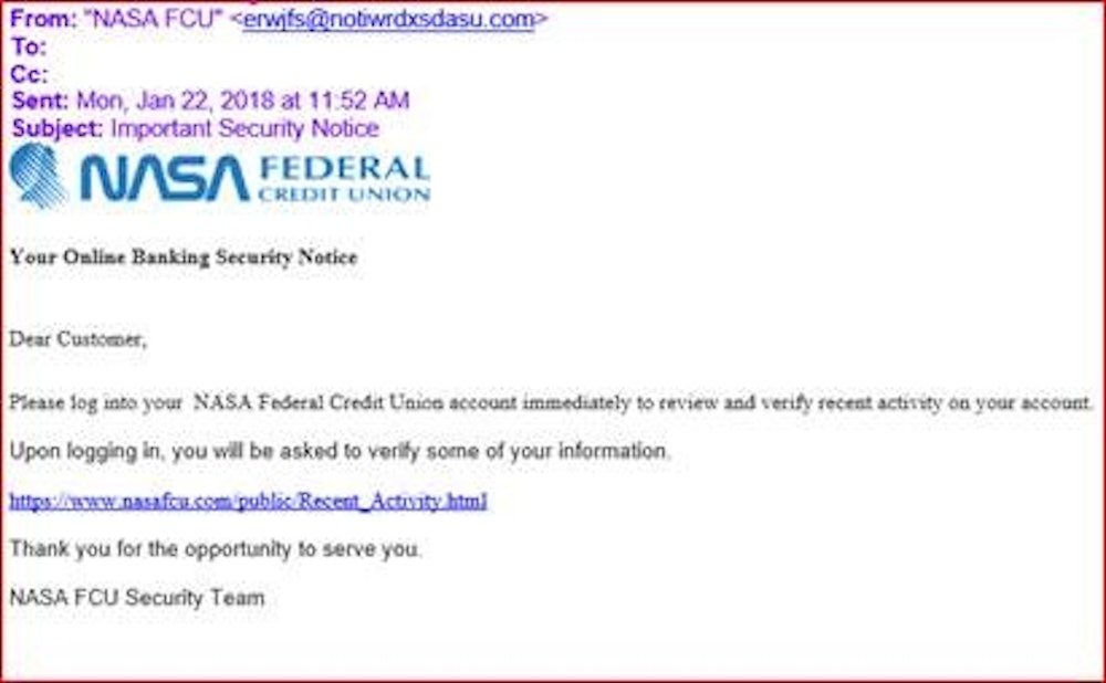 Example of a fake NASA Credit Union email