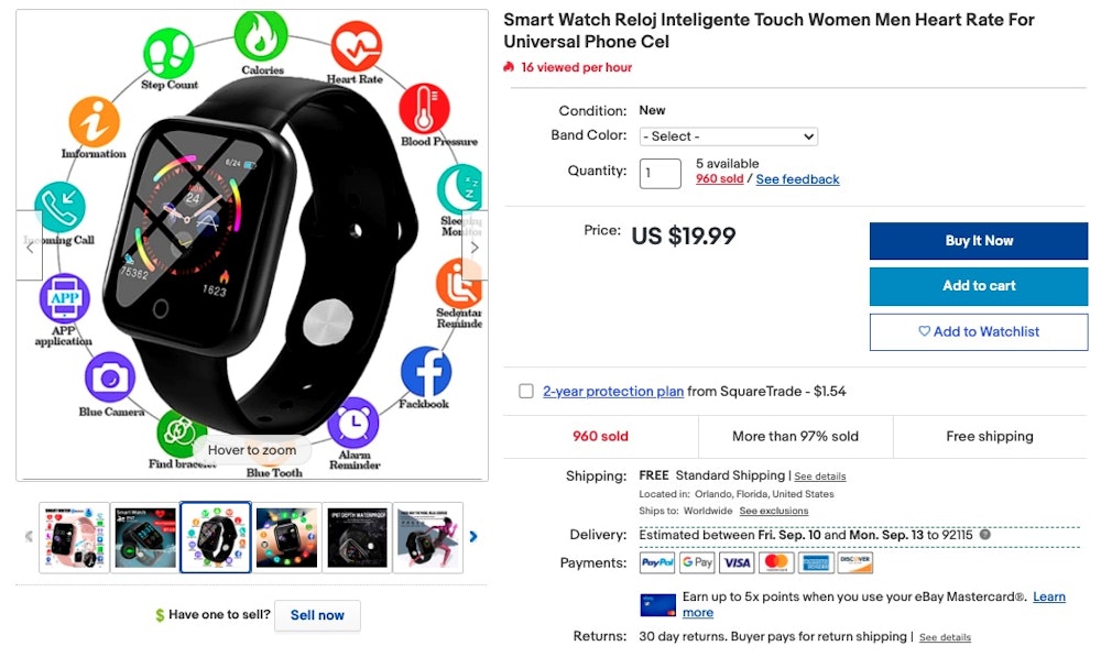 Example of smart watch listing on eBay.