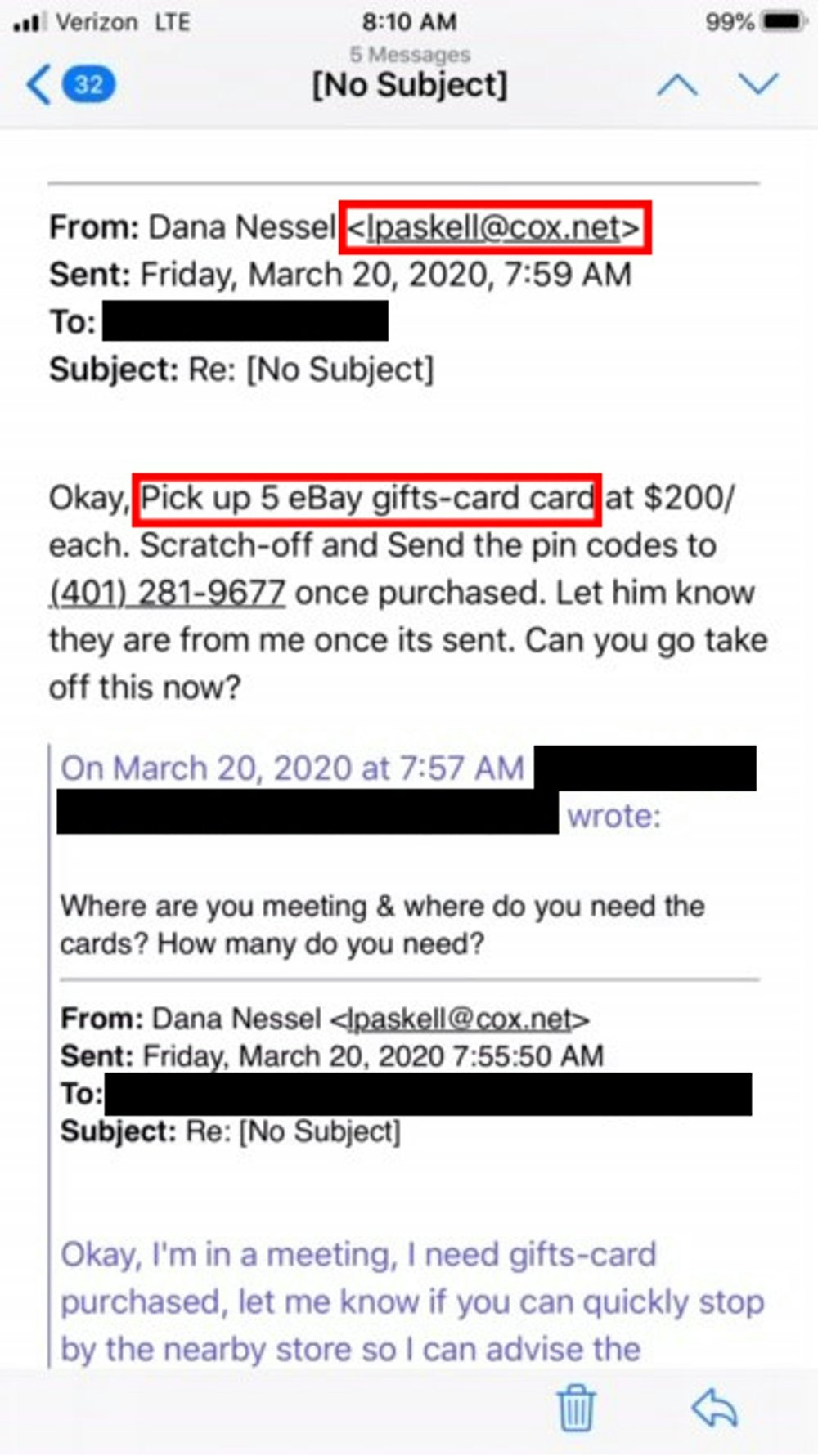 Example of eBay gift card scam.