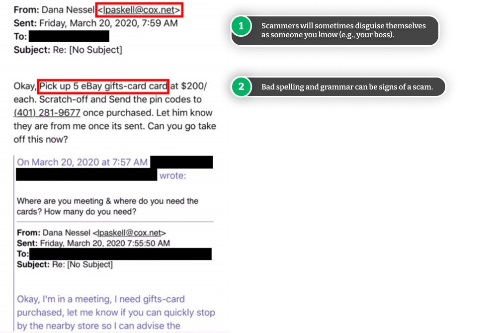 Example of an email in an eBay gift card scam. 