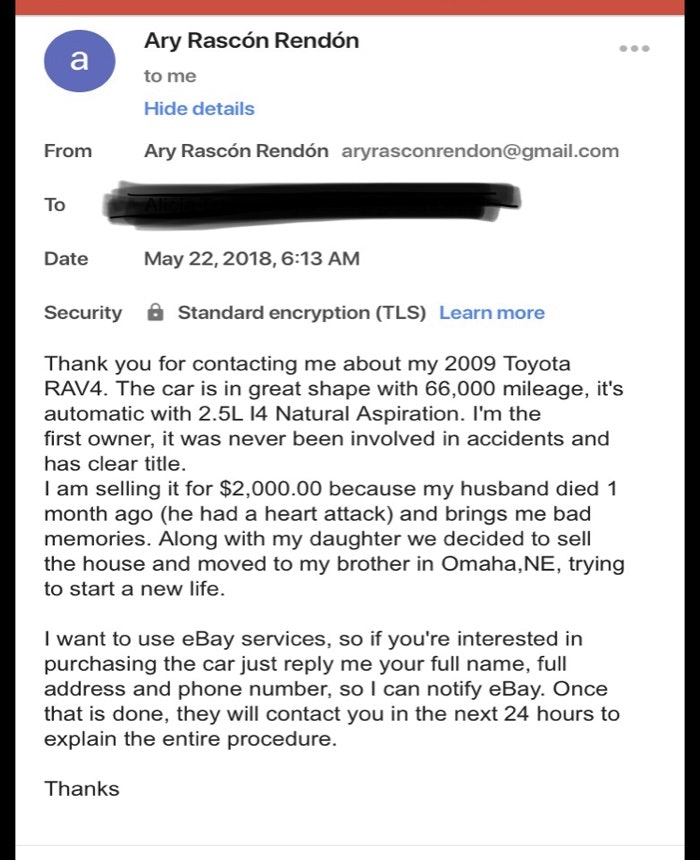 Example of eBay vehicle purchase protection scam