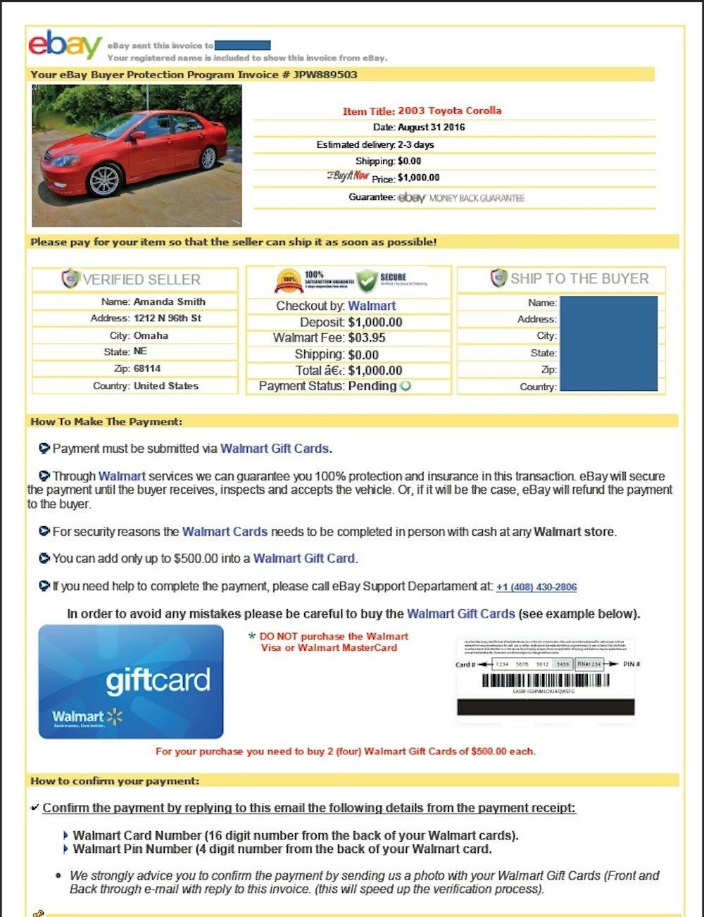 Example of eBay Motors stolen vehicle scam
