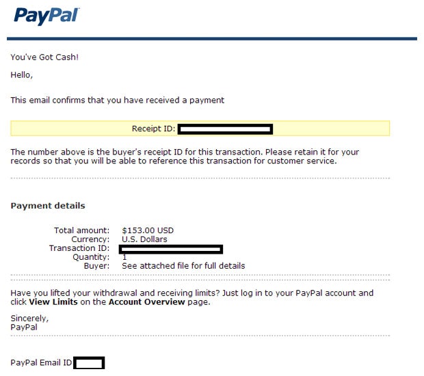 Example of fake PayPal email about eBay transaction