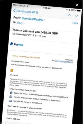 Example of eBay fake PayPal email