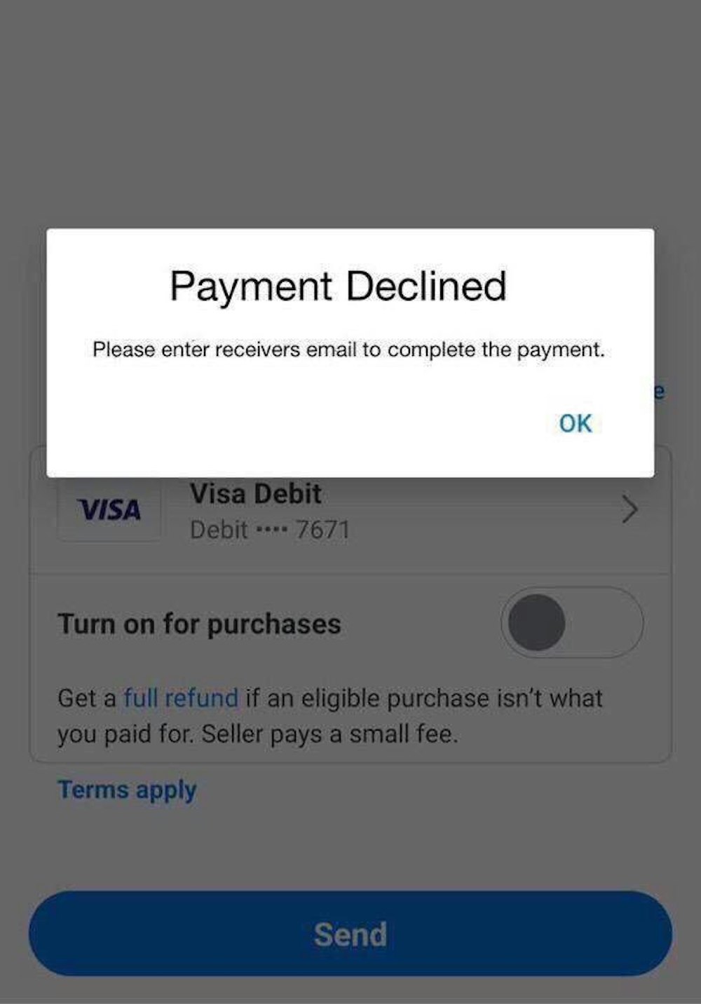 Fake Venmo payment declination screenshot