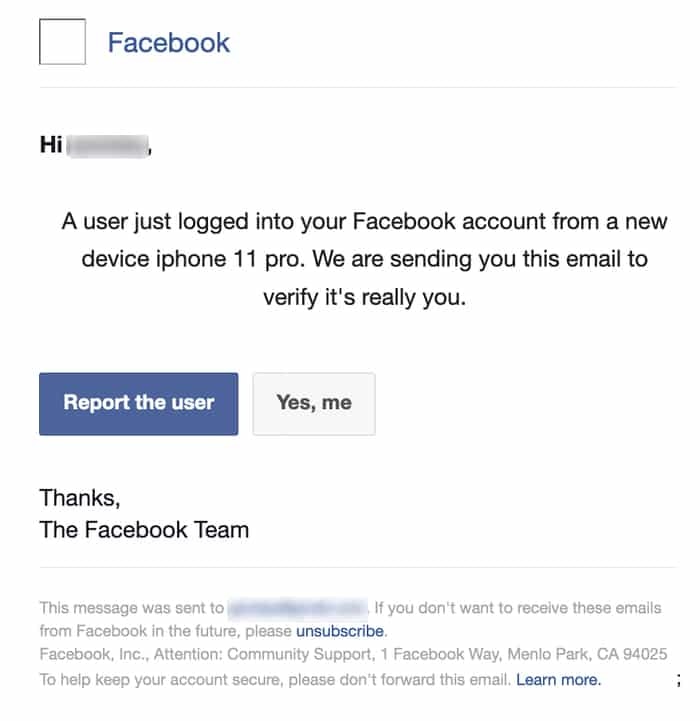 Example of a fake Facebook phishing email