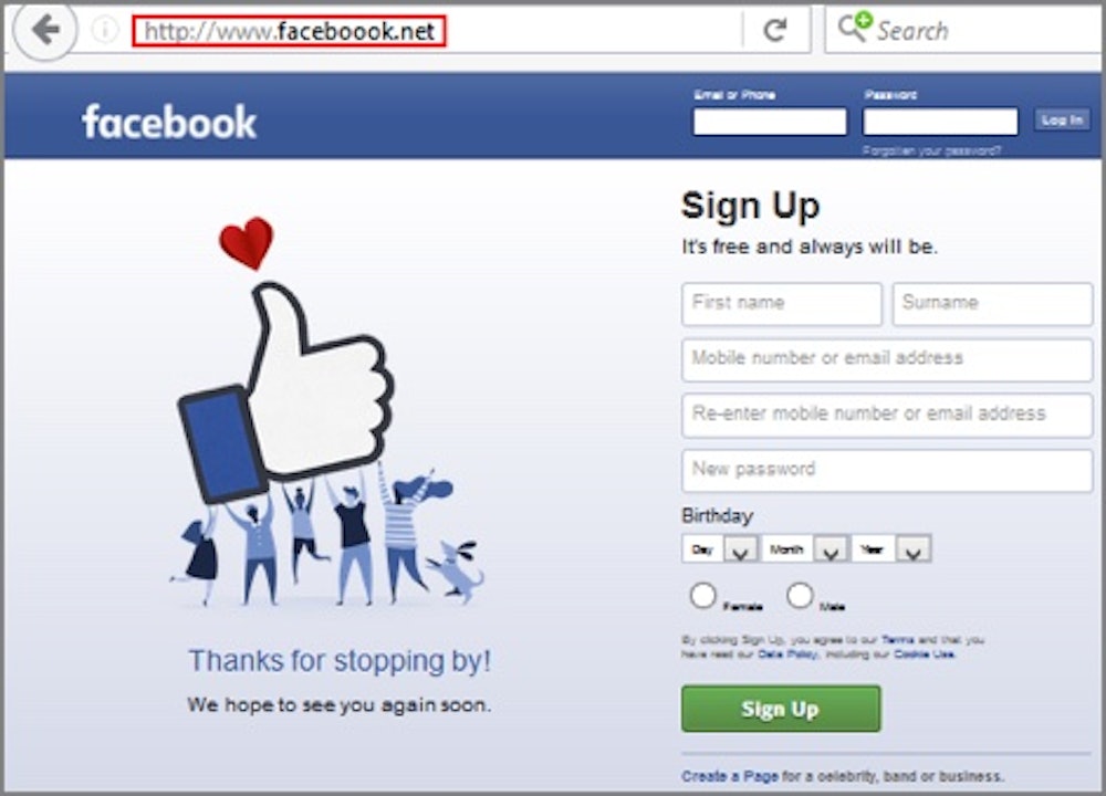 Example of a fake Facebook website.