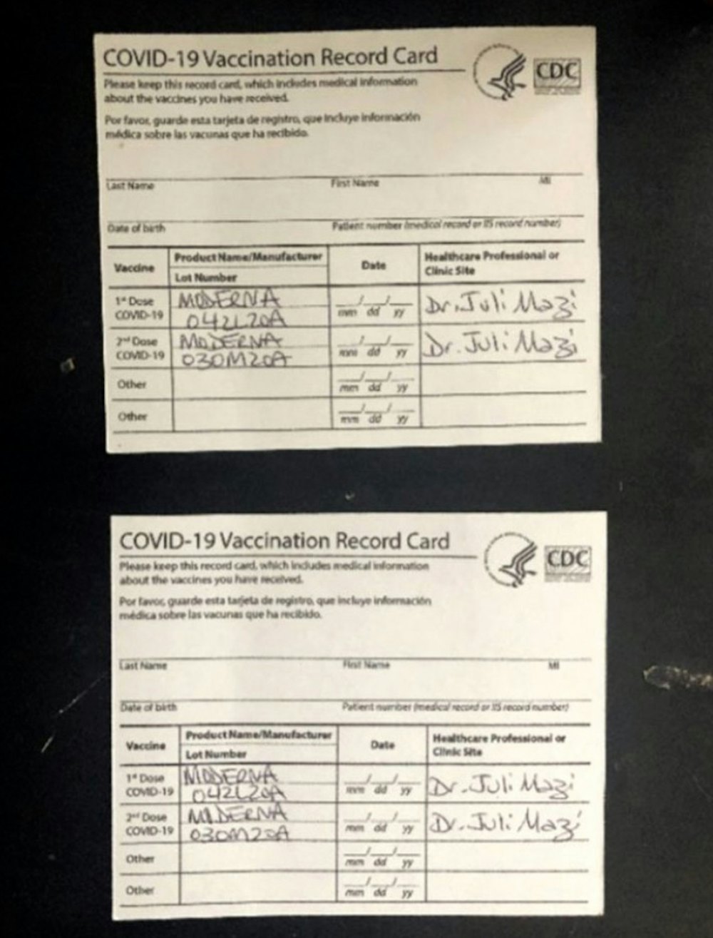 Fake COVID-19 vaccination cards.