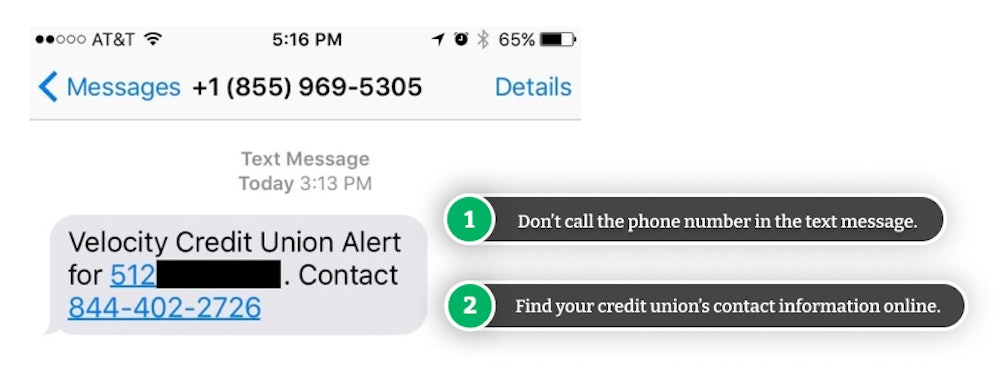 Example of fake credit union texts. 