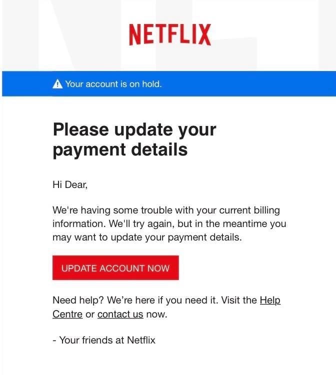 Example of Netflix phishing email