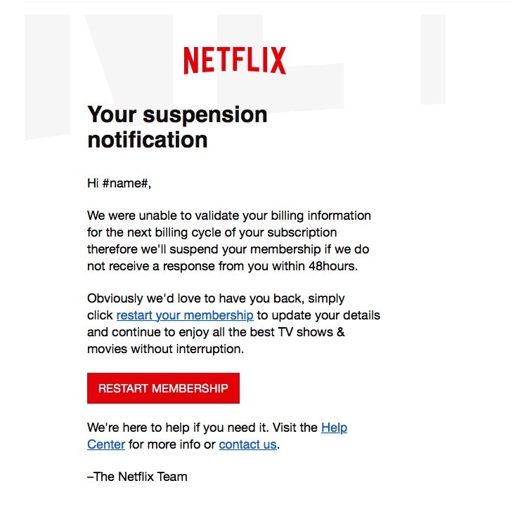 Example Netflix phishing email