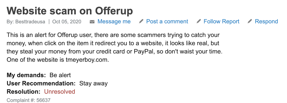 Review from OfferUp user about scam email.