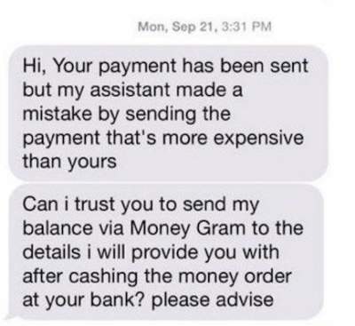Example of a PayPal overpayment scam