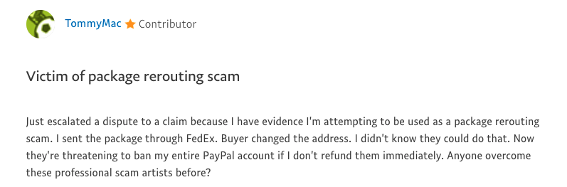 Example of a PayPal package reroute scam