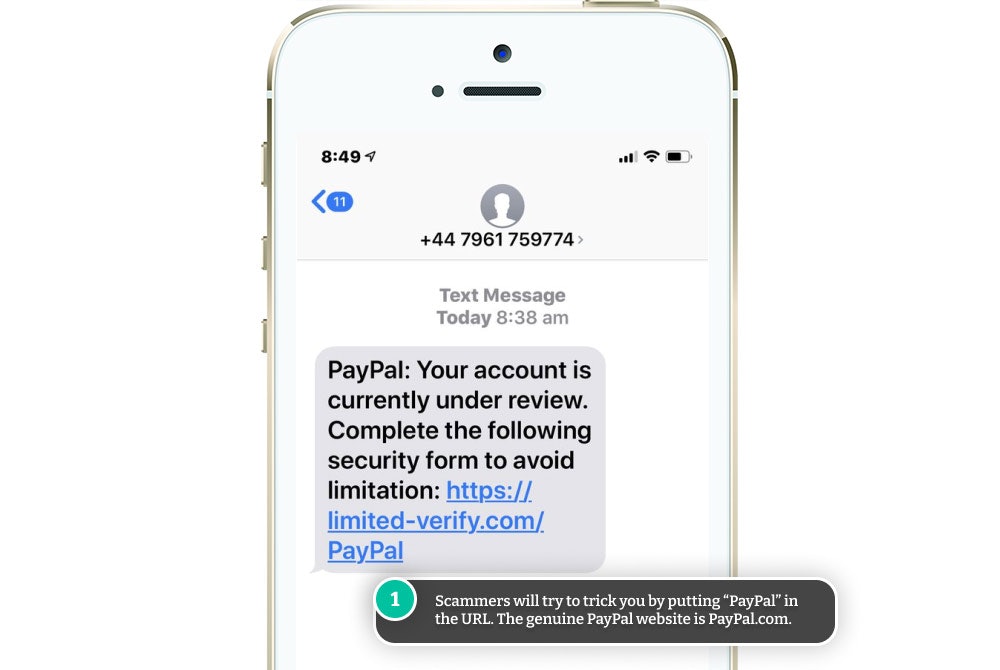 Example PayPal text message scam