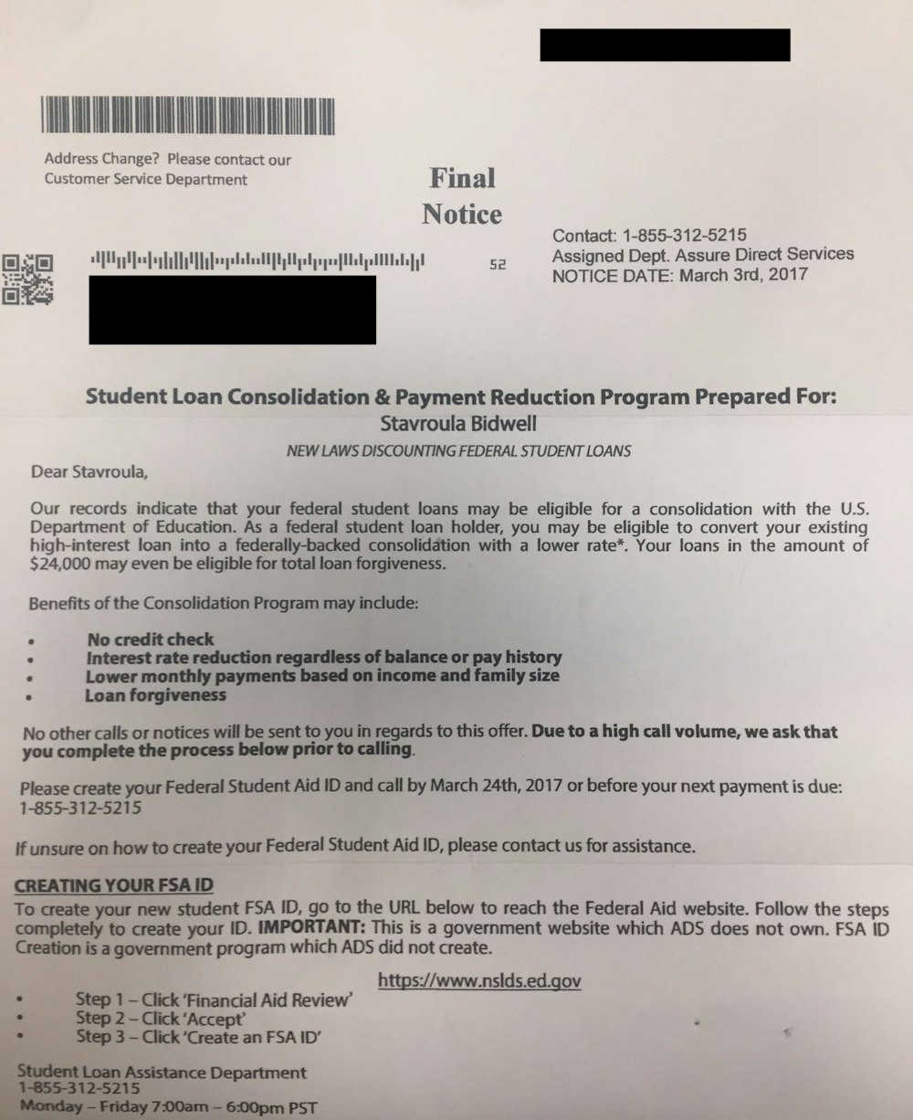 Example of debt consolidation scam letter. 