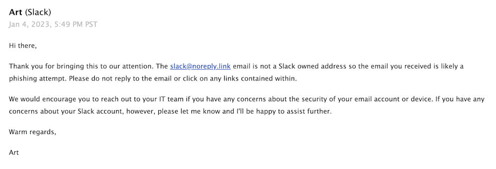 Confirmation from Slack that the email is a scam