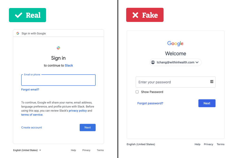 Real vs. fake Google Slack sign-in page. 