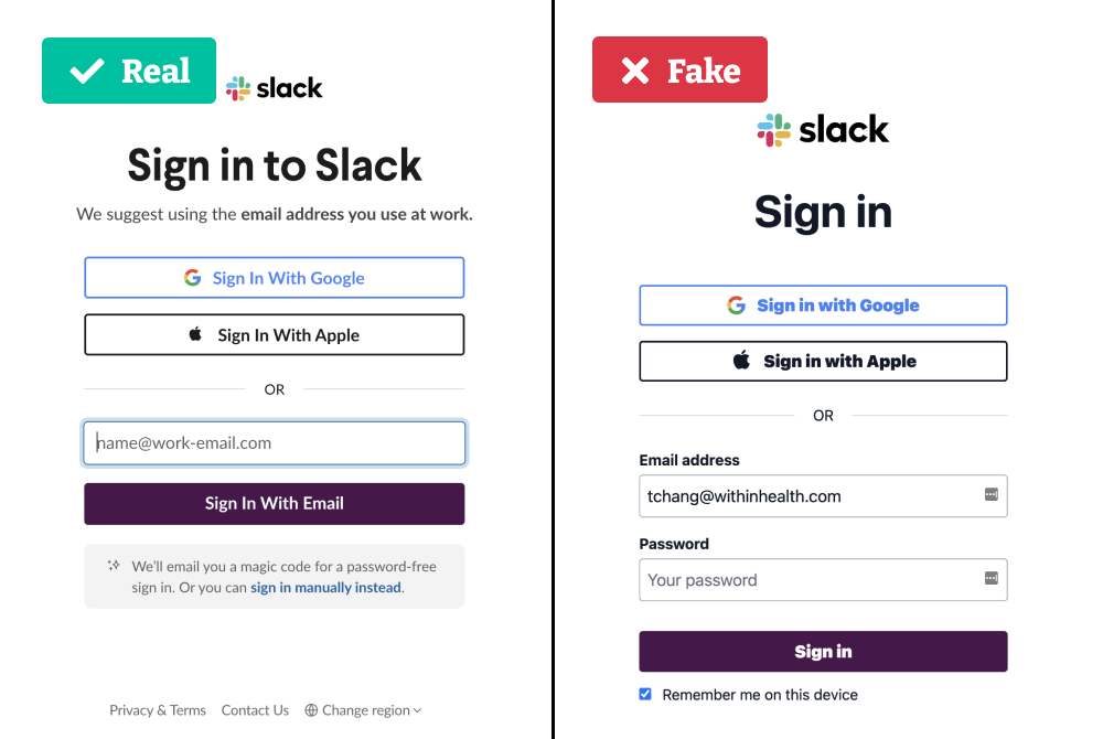 Real vs. fake Slack sign-on page.