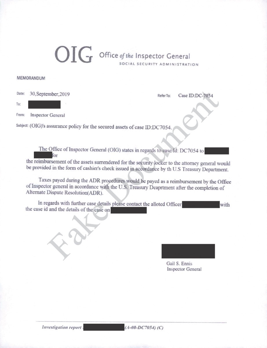 Example of a fake OIG letter