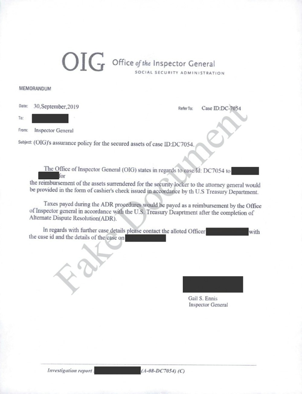 Example of a fake OIG letter