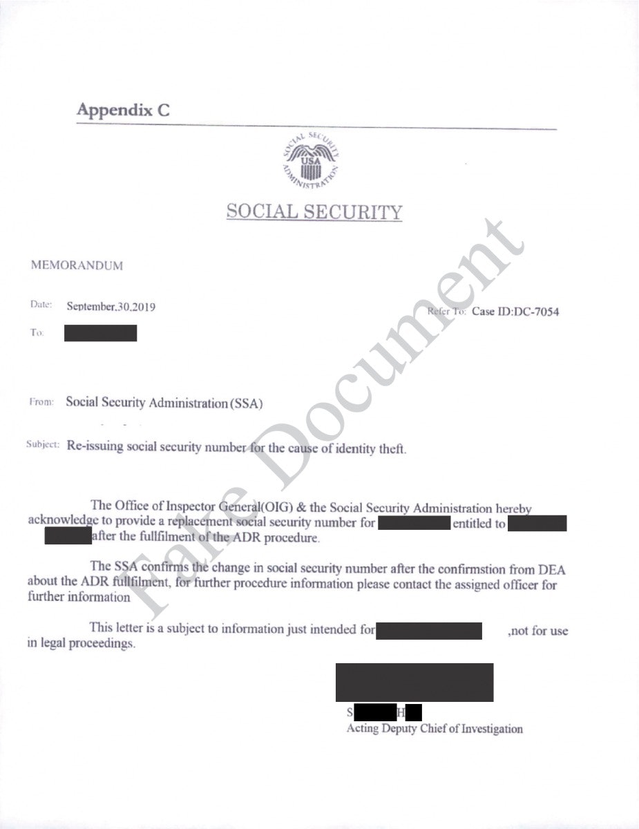 Example of Social Security scam mail