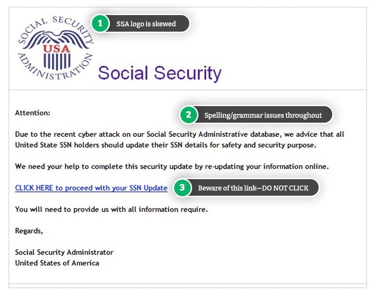 Example of a fake Social Security email.