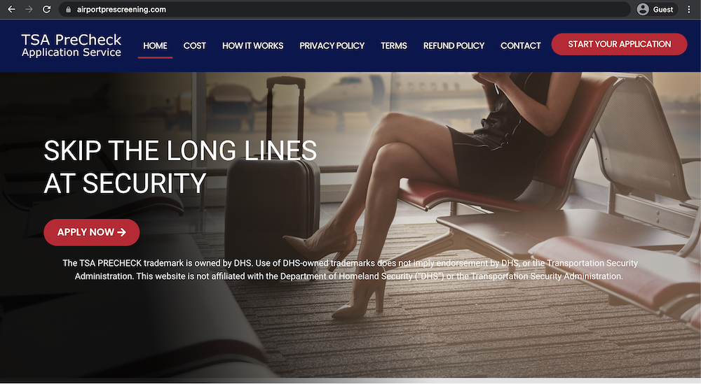Airportprescreening.com website (TSA renewal scam website).