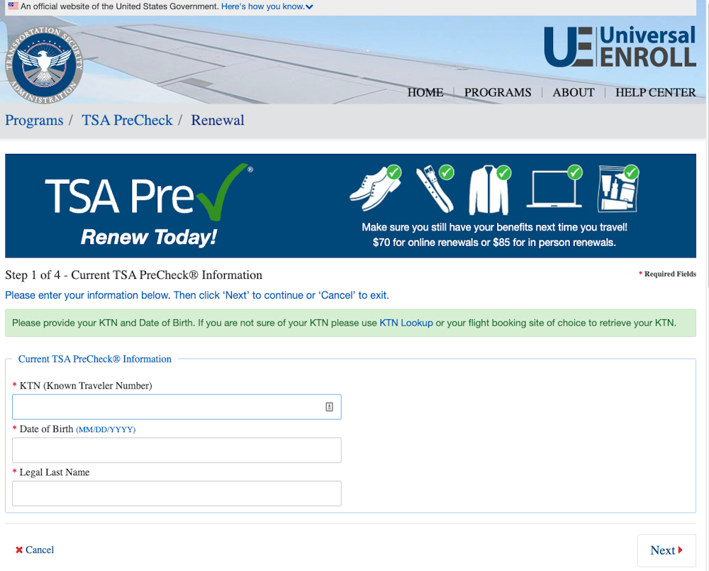 TSA PreCheck renewal website