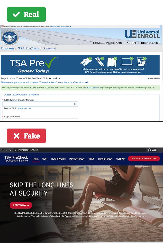 Real TSA PreCheck renewal site vs scam site.