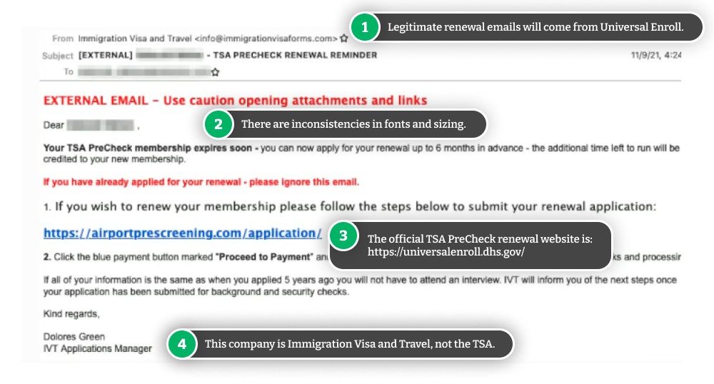 Scam TSA PreCheck renewal email.
