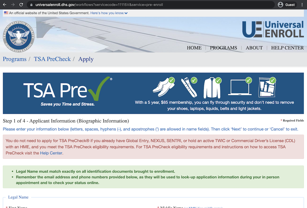 TSA PreCheck application website.