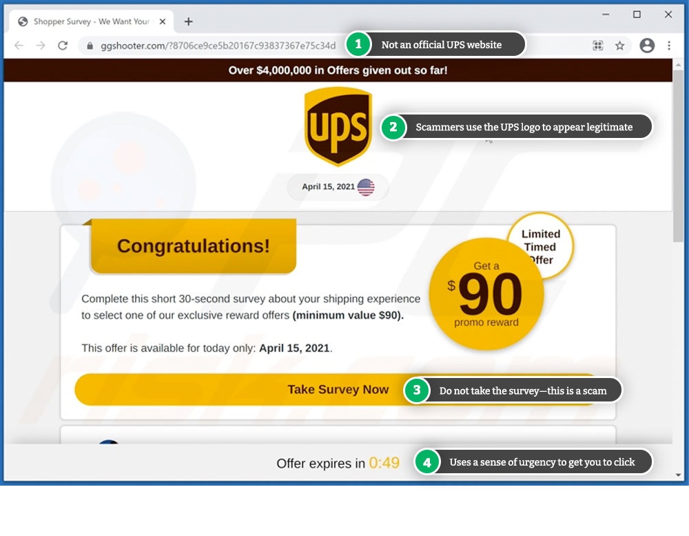 UPS scam involving fake rewards survey.