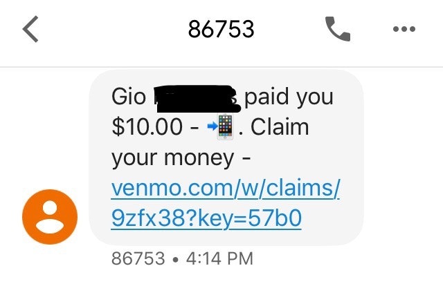 Example of fake Venmo text message.