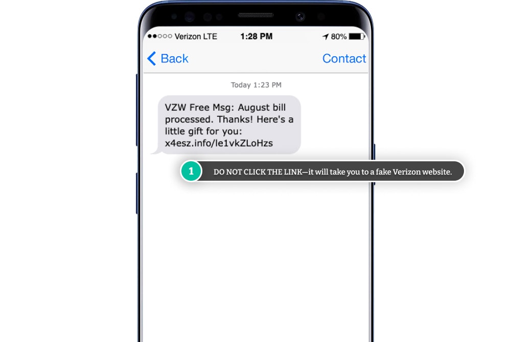 Example of a Verizon scam text (fake Verizon text message).