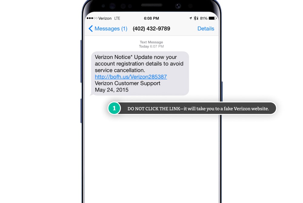 Example of a fake Verizon text message (Verizon scam text).