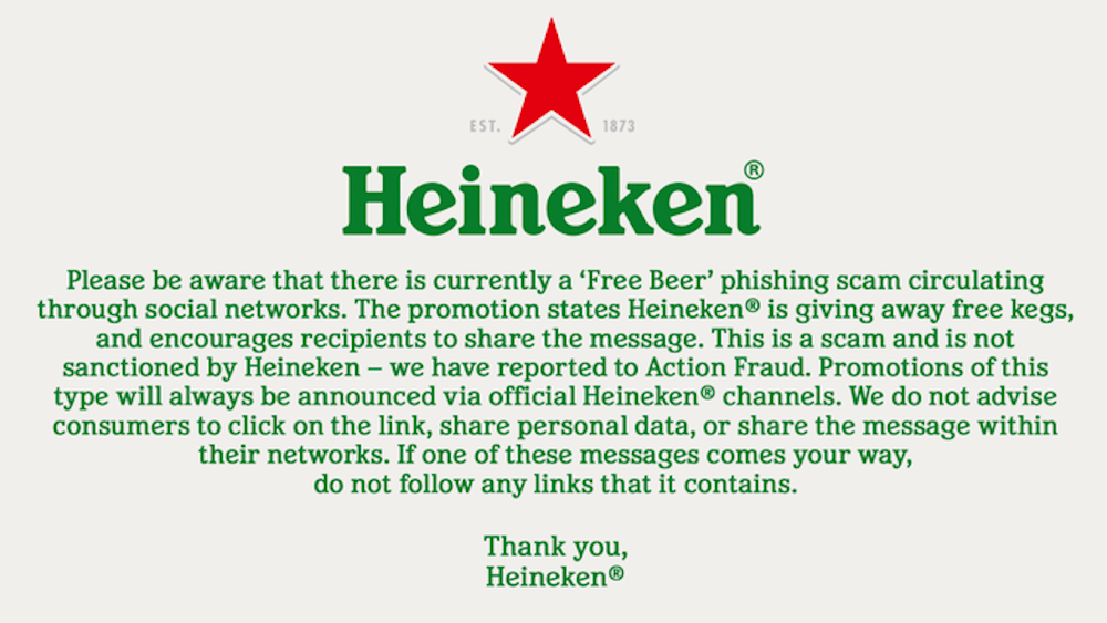 Heineken statement about WhatsApp scam.